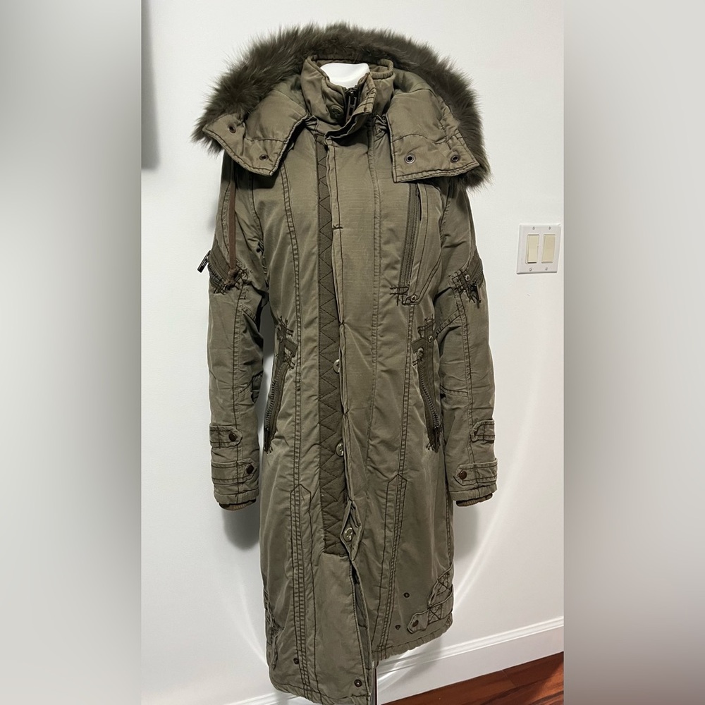 Jietlag Heart Peace and Love Green Olive Long Puffer Jacket Real Fur Zip Size M